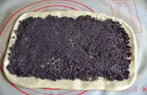 Antras būdas: ištepkite visą tešlos paviršių aguonų įdaru, palikdami 3–5 cm nuo krašto.