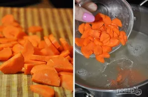 Nulupkite ir susmulkinkite morką. Galite sutarkuoti arba supjaustyti - kaip jums patinka. Į puodą supilkite švarų vandenį arba sultinį ir...