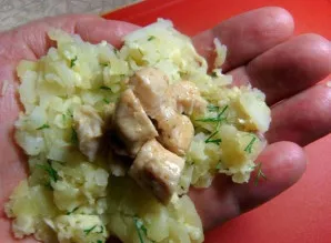 Šaukštą bulvių masės suformuokite į paplotėlį, į vidurį dėkite įdarą.