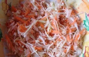 Sumaišykite kopūstus, obuolius ir morkas. Įpilkite aliejaus, citrinos sulčių ir maltų juodųjų pipirų. Dar kartą išmaišykite.