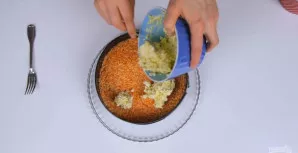 Į formą dėkite supjaustytą silkę, ant jos - gerai nuspaustą marinuotą svogūną, bulves, morkas, kiaušinius ir burokus. Uždenkite formą plė...