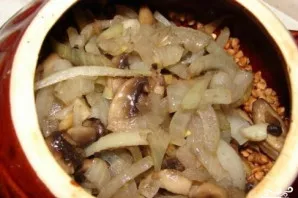 Sudėkite svogūnus su grybais į puodą su grikiais. Šiek tiek išmaišykite.