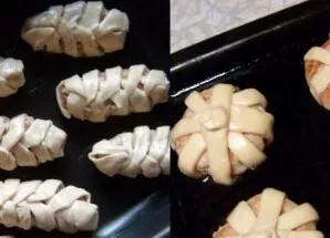 Sudėkite gatavus gabalėlius ant skardos ir aptepkite plaktu kiaušiniu. Kepkite iki 180 laipsnių įkaitintoje orkaitėje apie 20 minučių.