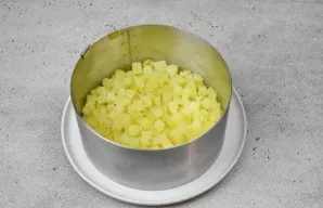 Pirmu sluoksniu dėkite bulvių kubelius. Jei norite, bulves galite pasūdyti ir pagardinti pipirais. Uždėkite majonezo ir tolygiai paskirst...