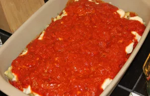 Užpilkite pomidorų padažu ir paskirstykite taip, kad padengtų visus kanelonus. Sutarkuokite sūrį vidutine tarka ir pabarstykite ant patie...