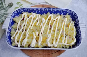 Kitu sluoksniu sudėkite likusią bulvių pusę, pagardinkite druska ir patepkite majonezu.