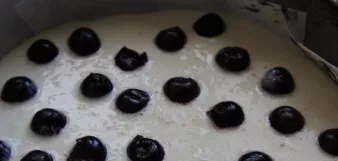 Tada ant tešlos užpilkite pusę varškės įdaro. Išdėliokite šiek tiek uogų. Sluoksniuokite tešlą pakaitomis.