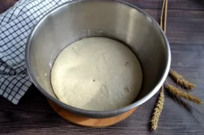 Uždenkite tešlą ir palikite kilti 2 valandoms kambario temperatūroje. Po 2 valandų tešloje atsiras daug burbuliukų — vyksta aktyvus rūgimas.