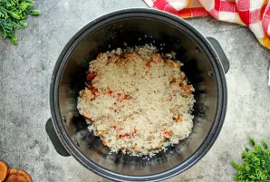 Ryžius (pvz., ilgagrūdžius plikytus) kruopščiai nuplaukite, kol vanduo taps skaidrus, ir paskirstykite viršuje lygiu sluoksniu.